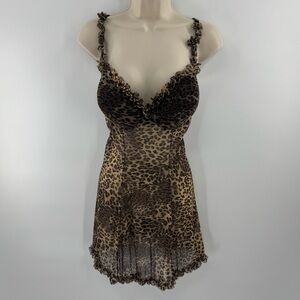 Vintage Enchanted Leopard Chemise Nightgown Lingerie XL Metallic Mesh Ruffle(E1)